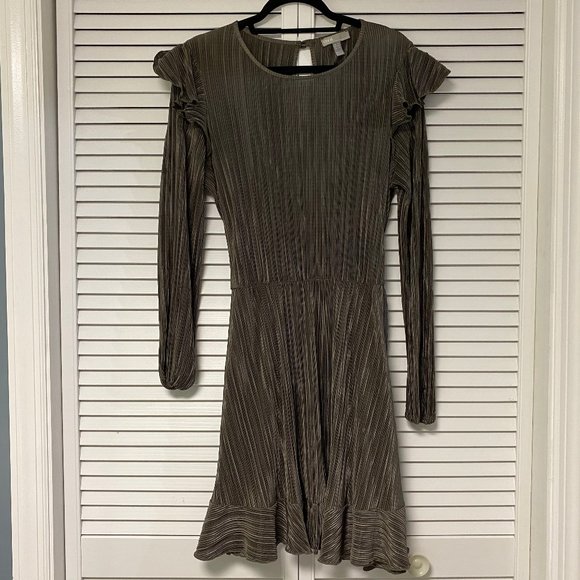 ASOS Plisse Khaki Ruffle Sleeve Mini Dress - Picture 2 of 8